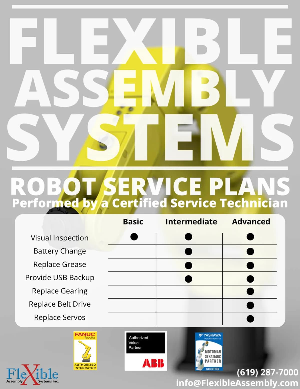 Robot service plans flyer — Basic, Intermediate and Advanced